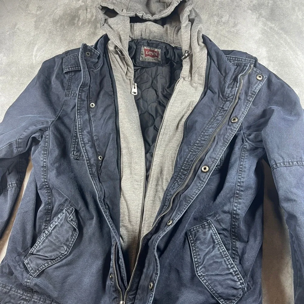 Levis Black Trucker Military Utility‎ Jacket Quilted Lined Zip Hood Large